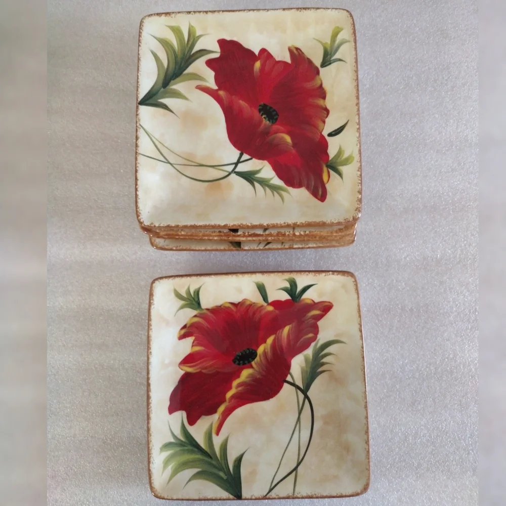 5-Piece Pier 1 Hand Painted Poppies Eartheneware Square Salad Appetizer Plates